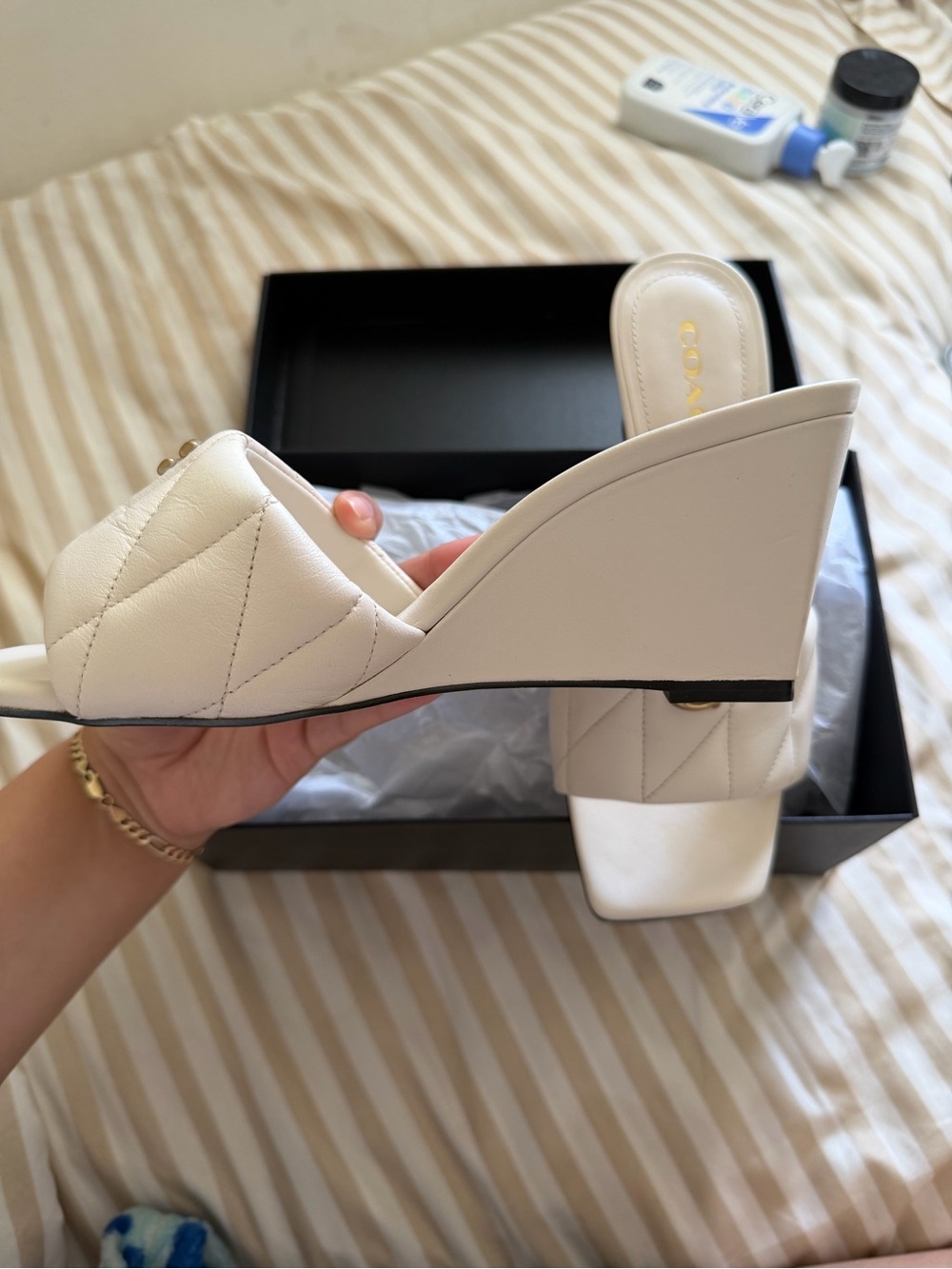 COACH Cream Quilted Leather Slide Mules with Gold 'C' Hardware (run small) - Picture 2 of 6